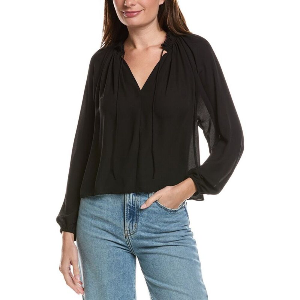 Madewell Womens  Long Sleeve Tie Neck Top, Black
